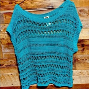 Anne  Klein sleek crochet print top turquoise sleeve US L vintage style festival
